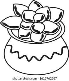 Succulent in flower pot. House plant line art. Vector object illustration, black and white. Small home plant with leaves.