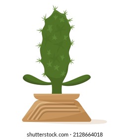 Succulent in a flower pot, a houseplant for home, office, greenhouse. A large flat body with sharp spikes. Vector icon, color cartoon, complex flat, isolated
