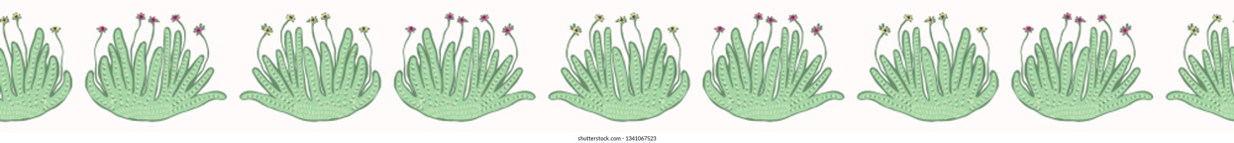 Succulent flowering bloom seamless border pattern. Indoor houseplant flower vector illustration. Repeatable tile graphic design banner. Hand drawn green garden plant decor washi tape. Tiny flowers.