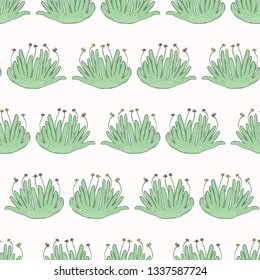 Succulent flowering bloom seamless pattern. Indoor succulent houseplant flower vector illustration. Repeatable tile graphic design wallpaper. Hand drawn green cactusgarden plant decor background.