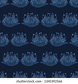 Succulent flowering bloom seamless pattern. Indoor houseplant cactus vector illustration. Repeatable tile graphic design wallpaper. Hand drawn indigo blue. Desert  aloe vera plant decor background.
