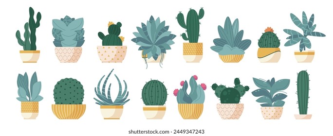 Succulent in flowerpot. Cartoon cactus in pots with flowers, green desert plants in vintage containers for home decor. Vector isolated set