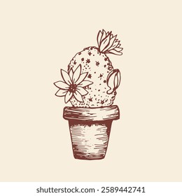 Succulent with flowers in home pot. Home cactus. Sketch illustration