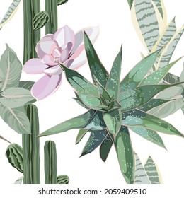 Succulent flowers seamless pattern, agave, cacti, aloe greenery. Decorative white background in rustic boho style for fabric.