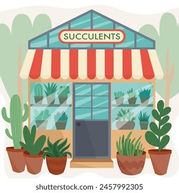 Succulent flowers shop. Flat plants shop with plants, flowers, cacti and succulents vector illustration