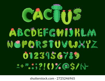Fonte suculenta, letras do tipo cactus de desenho animado, tipo de plantas de cactos. Vetor de desenhos animados crianças tropicais abc, números alfabéticos e símbolos de pontuação é em forma de uma planta de cacto com flores e espinhos