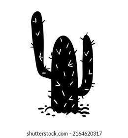 Succulent funny cartoon doodle cactus desert plant hand drawn in monochrome black and white vector illustration. Botanical giant trees with thorns, needles.