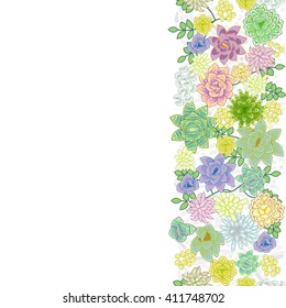 Succulent garden border card design. Vertical side space greeting or wedding floral card template.