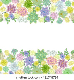 Succulent garden border card design. Horizontal center space greeting or wedding floral card template.