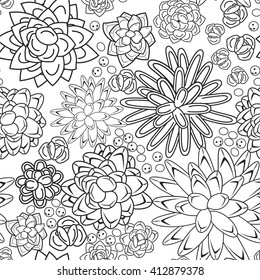 Succulent garden dense monochrome line doodle seamless pattern. Outline plants and flowers repeatable black and white ornament for fabric, coloring and cards.