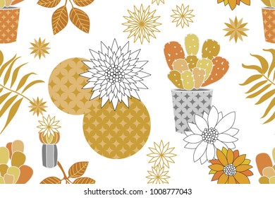 Succulent garden. Golden and silver floral pattern. Minimalism style. Abstract cacti,  flowers and palm leaves on white background. Oriental textile collection.