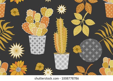 Succulent garden. Golden and silver floral pattern. Minimalism style. Abstract cacti,  flowers and palm leaves on grey background. Oriental textile collection.