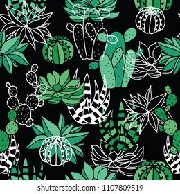 Succulent garden at night pattern. Black background