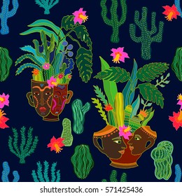 Succulent garden. Seamless vector pattern with tropical plants in ceramic pots and cacti. Ethnic textile design collection. Colorful on dark blue.