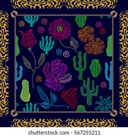 Succulent garden. Silk scarf with embroidered cacti and flowers. Retro textile collection. Colorful on dark blue.