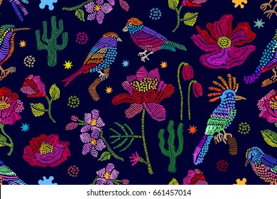 Succulent garden. Vintage embroidery with birds, plants and flowers on dark blue background. Folk art textile collection.