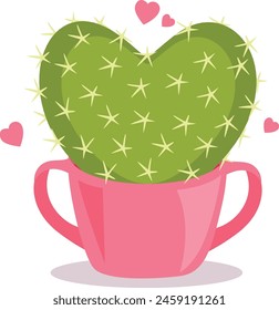 Succulent green heart-shaped cactus in cup