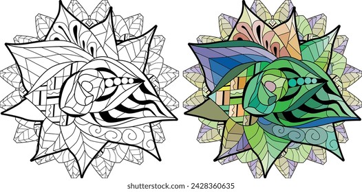 Succulent houseplant on mandala. Print shape home plant urban tropical jungle decor. Color and outline set