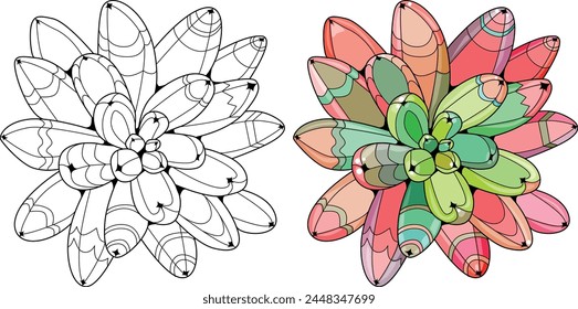 Succulent houseplant. Print shape home plant urban tropical jungle decor. Color and outline set