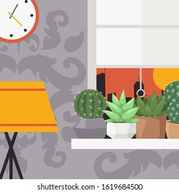 Succulent houseplants on windowsill, vector illustration. Apartment interior in flat style, collection of decorative cacti in flowerpots. Exotic plants for home, tropical cactus succulent in room
