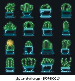 Succulent icons set. Outline set of succulent vector icons neon color on black