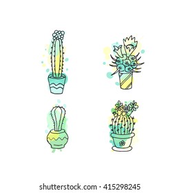 Succulent illustration. Vector cactus hand drawn set with paint splashes. Cacti and in door plants in pots with colorful splatter. Exotic mexican flora design.
