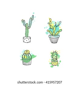 Succulent illustration. Vector cactus hand drawn set with paint splashes. Cacti and in door plants in pots with colorful splatter. Exotic mexican flora design.