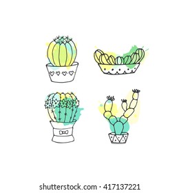 Succulent illustration. Vector cactus hand drawn set with paint splashes. Cacti and in door plants in pots with colorful splatter. Exotic mexican flora design.