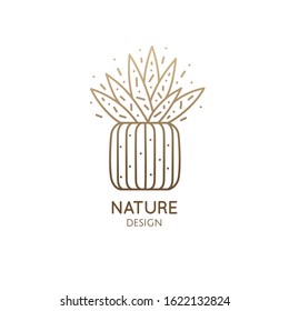 Succulent logo template. Vector illustration of houseplant in pot. Emblem of cactus or aloe, home plant, flower in linear style. Abstract stylized illustration - natural, eco product, spa, flower shop