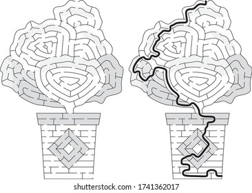 Succulent maze for kids with a solution in black and white