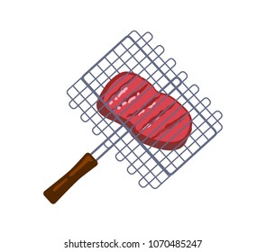 Succulent meat piece in barbecue grid, color card, vector illustration with bbq tool isolated on white background, delicious pork steak, brown handle