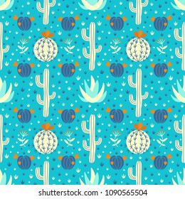 Succulent ornamental blue seamless pattern. Endless vegetal background. EPS 10 vector illustration.