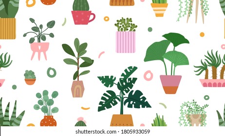 Succulent pattern. Home plants on pots background. Doodle cacti palm isolated on white. Scandinavian floral garden vector seamless texture