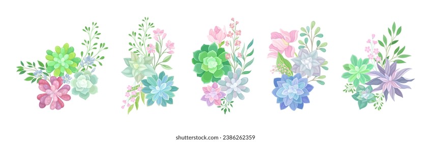 Succulent Plant Floral Composition with Fleshy Flower and Twigs Vector Set