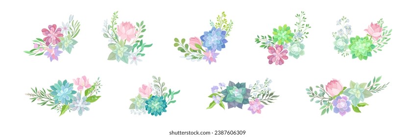 Succulent Plant Floral Composition with Fleshy Flower and Twigs Vector Set