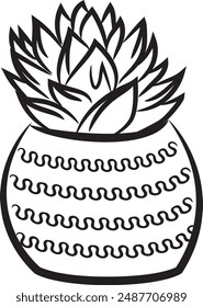 Succulent plant icon in black and white outline art in a pot