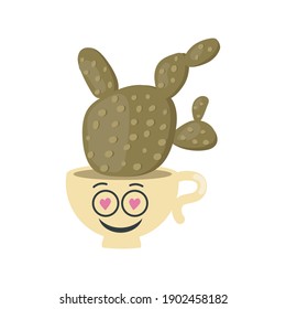 Succulent plant in mug with funny face print. Trendy home decor elements isolated on white background. Flat Art Vector illustration
