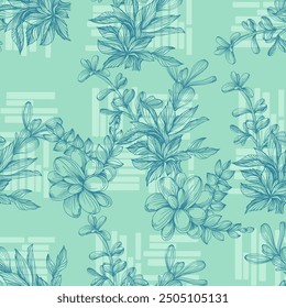 Succulent Plant Seamless Repeat. Tropical background, summer concept. Modern Stylish Abstract Texture.