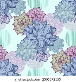 Succulent Plant Seamless Repeat. Tropical background, summer concept. Modern Stylish Abstract Texture.