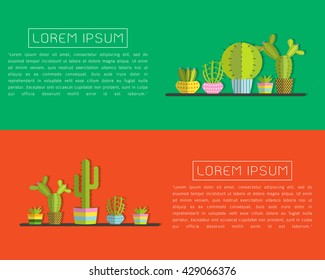 succulent plants and Cactus flat style multicolored horizontal vector backgrounds illustration with place for your text. Modern minimalistic design