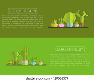 succulent plants and Cactus flat style multicolored horizontal vector backgrounds illustration with place for your text. Modern minimalistic design