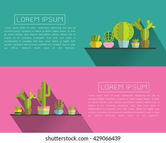 succulent plants and Cactus flat style multicolored horizontal vector backgrounds illustration with place for your text. Modern minimalistic design