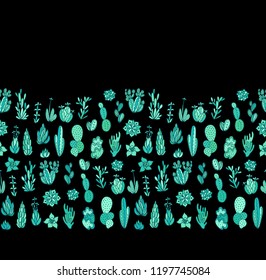 Succulent plants collection - seamless vector border ornament