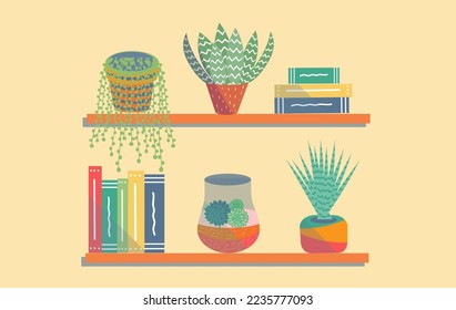 Succulent plants in flower pots standing on a bookshelf with books. Flat vector illustration.