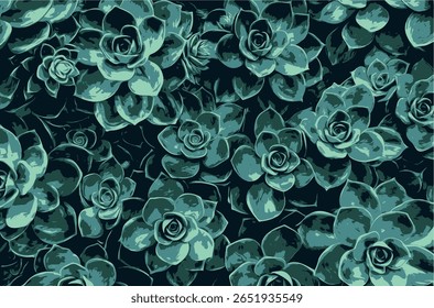 Succulent plants seamless pattern vector illustration with detailed green rosette leaves on dark background, perfect for botanical design, home decor, textile, wallpaper, packaging creative projects.