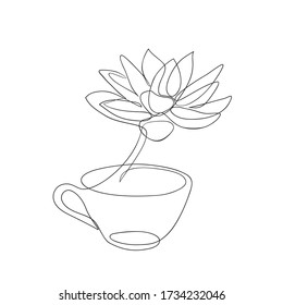 Sukkulente Pflanzen in der Teetasse eine Linie Zeichnung. Echeveria kalanchoe sukkulente Hauspflanzen Kontinuierliche Linie Kunst.