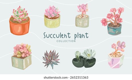Succulent plants in terracotta pots watercolor art