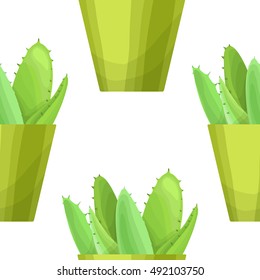 Succulent in pot - floral seamless pattern. Vector cute succulent plant on white background. Botanical wallpaper. Green leaf. Nature illustration with mexican houseplant in cartoon style