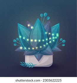 Succulent in a pot. Home perennial plant in a pot. Indoor flower with a shining garland. Holiday postcard.