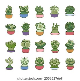 Succulent pot plant set with botanical outline illustration and organic decorative design for indoor home decor, natural gardening, floral arrangement, and horticulture clipart elements